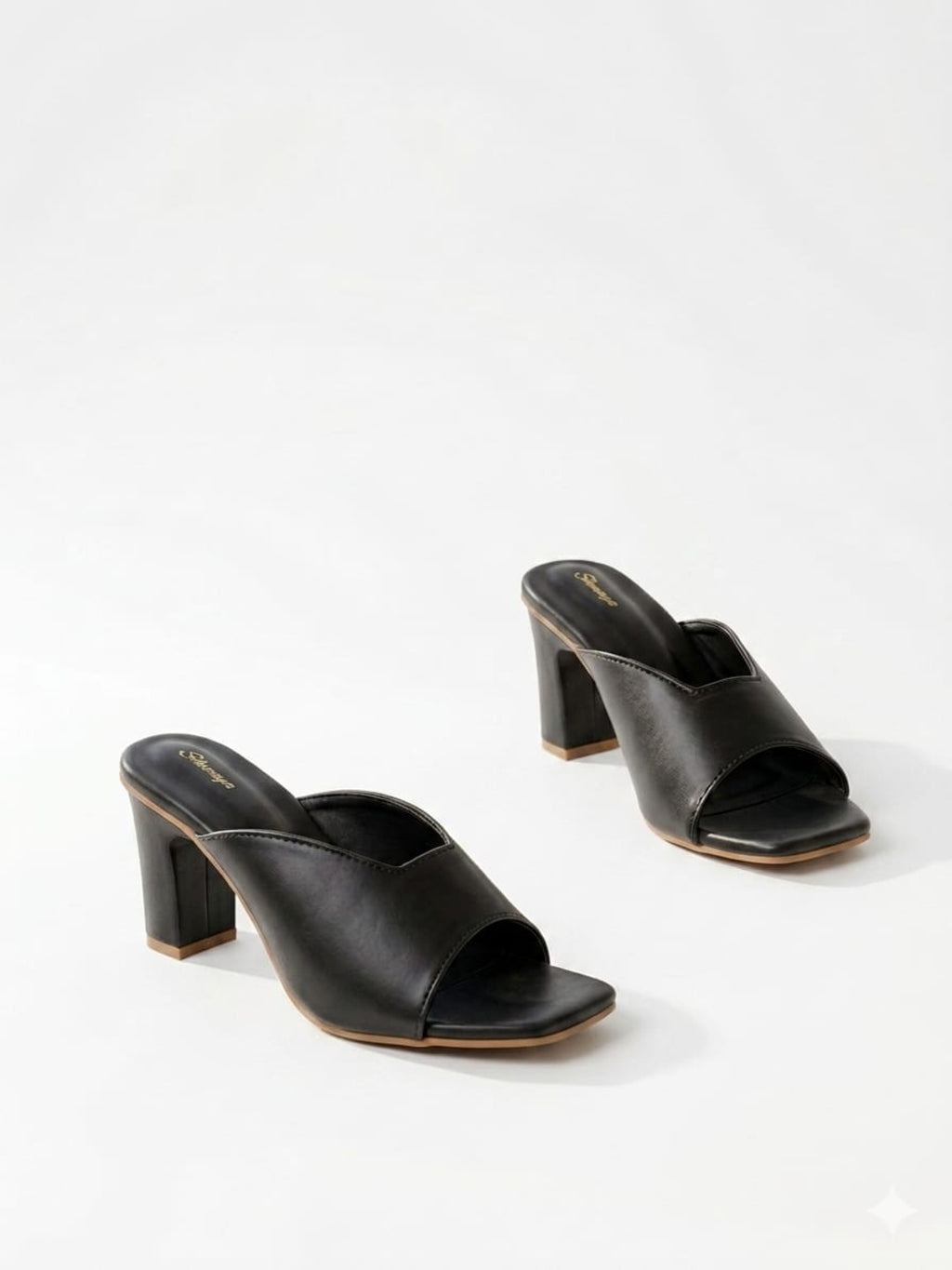Black Square-Toe Block Heel Mules