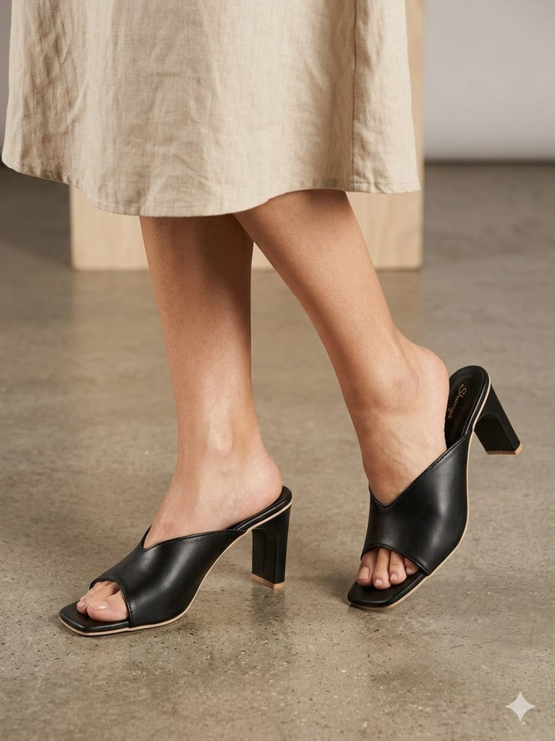 Black Square-Toe Block Heel Mules