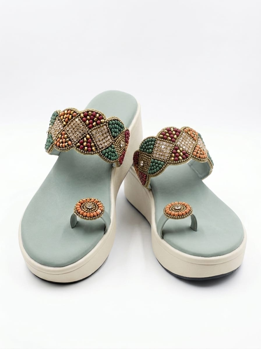 Shunya Women Sea Green & Gold-Toned Embellished Platform Wedges