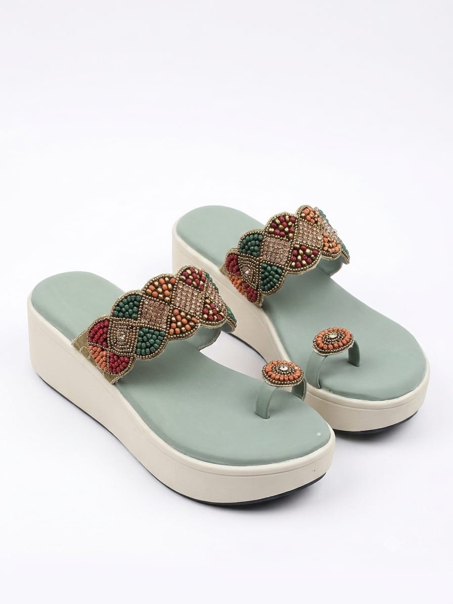Shunya Women Sea Green & Gold-Toned Embellished Platform Wedges