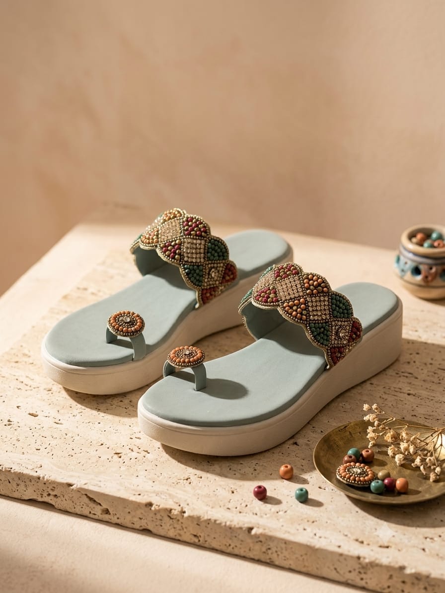 Shunya Women Sea Green & Gold-Toned Embellished Platform Wedges