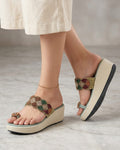 Shunya Women Sea Green & Gold-Toned Embellished Platform Wedges