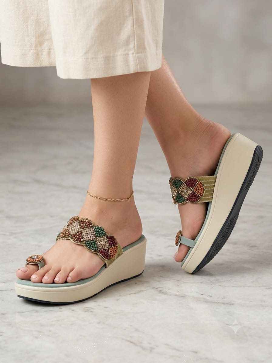 Shunya Women Sea Green & Gold-Toned Embellished Platform Wedges