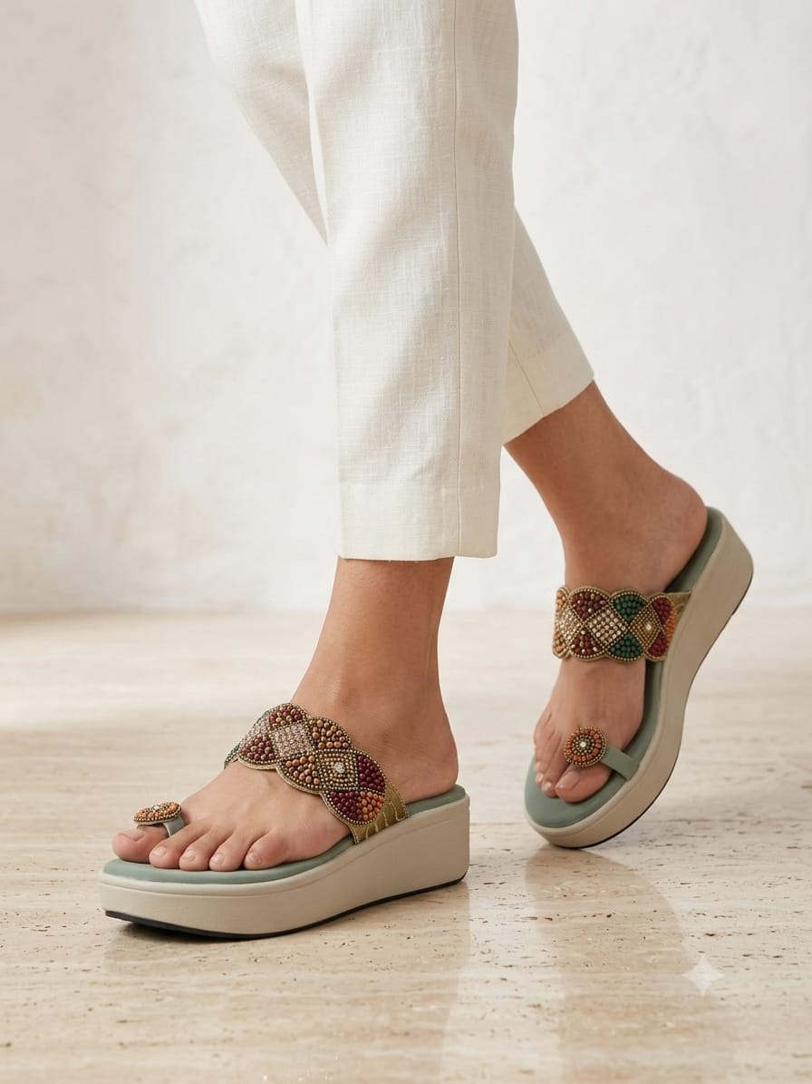 Shunya Women Sea Green & Gold-Toned Embellished Platform Wedges