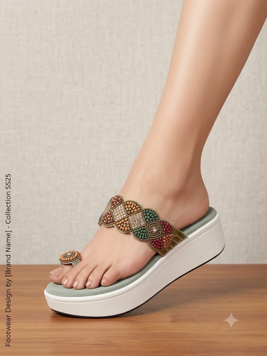 Shunya Women Sea Green & Gold-Toned Embellished Platform Wedges