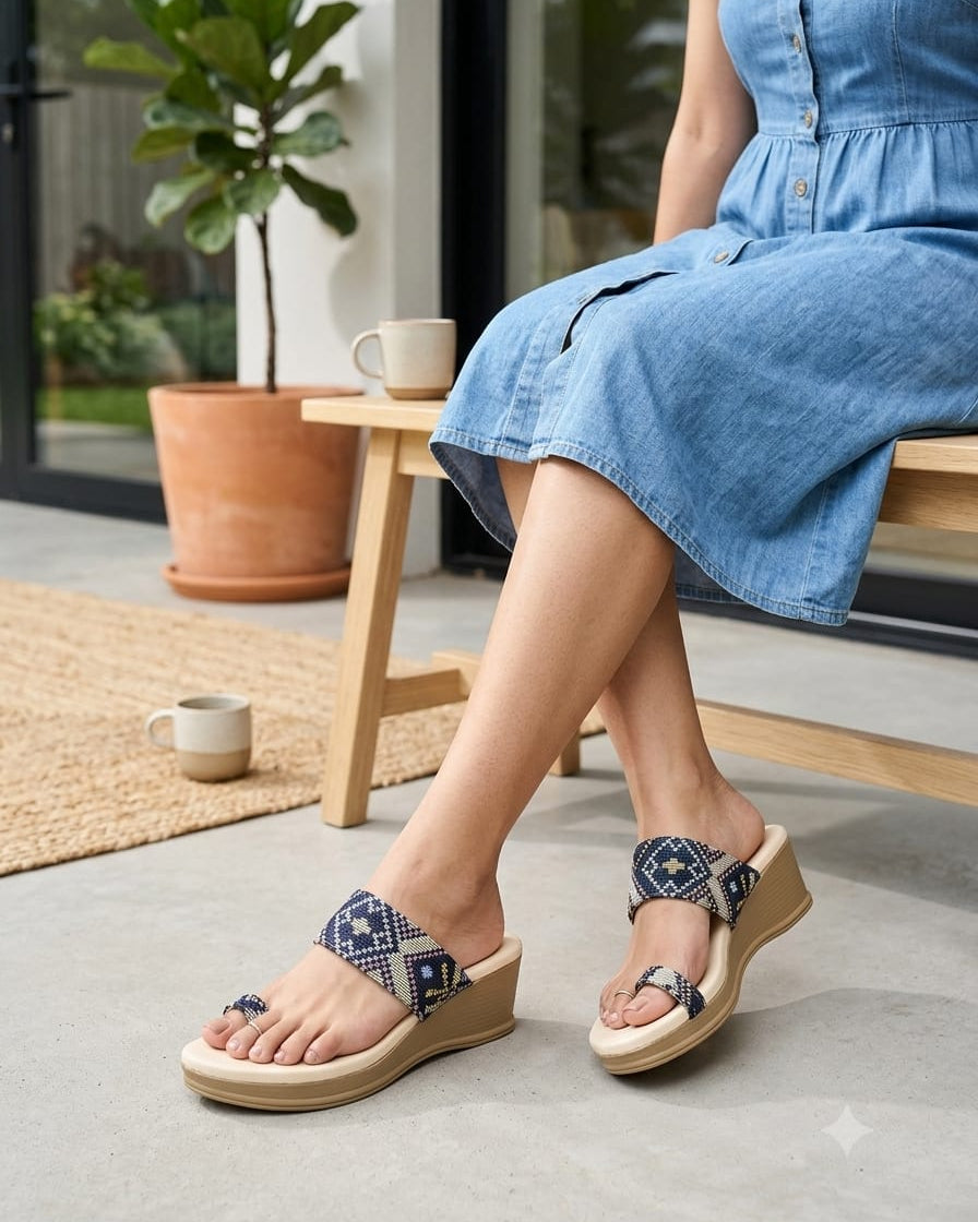 Shunya Trendy Blue Wedges Sandals for Women | Ethnic Geometric Print Platform Wedge Heels | Stylish Daily Wear & Festive Party Wear Footwear for Women and Girls