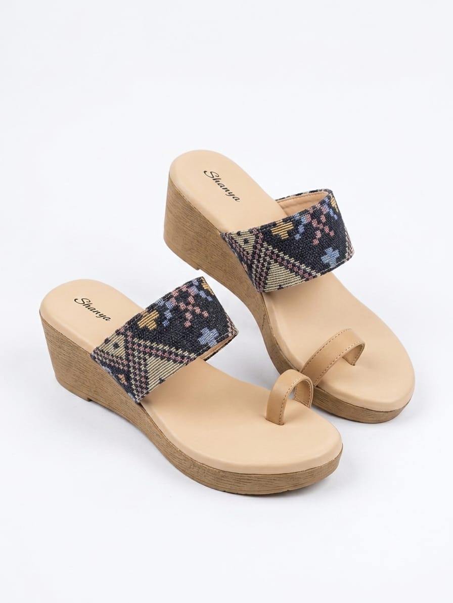 Trendy Blue Wedges Sandals for Women | Ethnic Geometric Print Platform Wedge Heels | Stylish Daily Wear & Festive Party Wear Footwear for Women and Girls
