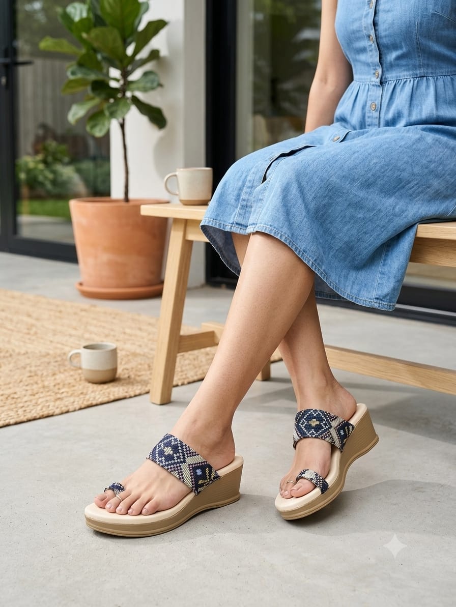 Trendy Blue Wedges Sandals for Women | Ethnic Geometric Print Platform Wedge Heels | Stylish Daily Wear & Festive Party Wear Footwear for Women and Girls