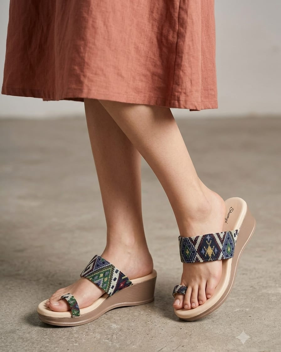 Shunya Trendy Green Wedges Sandals for Women | Ethnic Geometric Print Platform Wedge Heels | Stylish Daily Wear & Festive Party Wear Footwear for Women and Girls