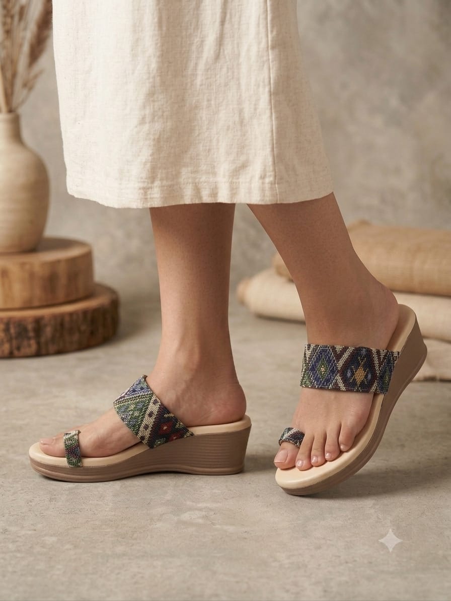 Shunya Trendy Green Wedges Sandals for Women | Ethnic Geometric Print Platform Wedge Heels | Stylish Daily Wear & Festive Party Wear Footwear for Women and Girls
