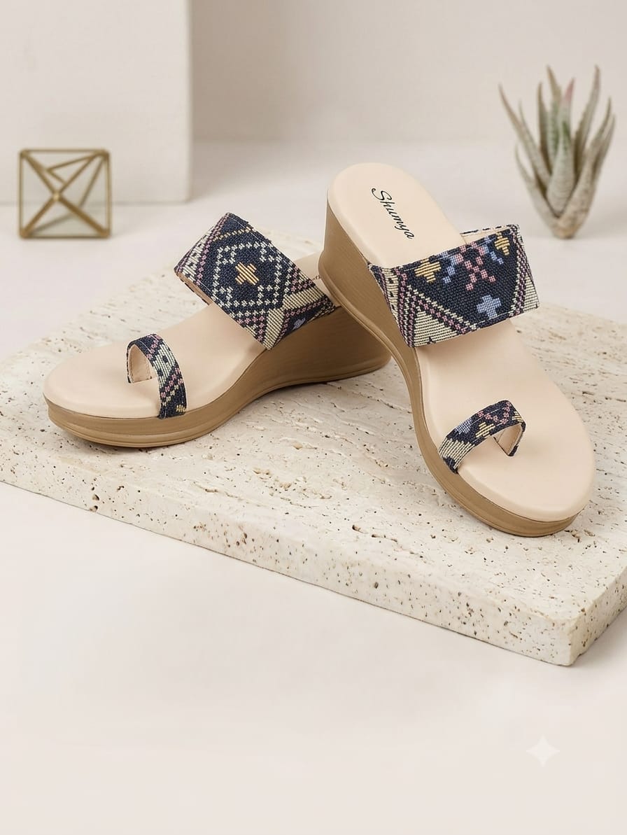 Trendy Blue Wedges Sandals for Women | Ethnic Geometric Print Platform Wedge Heels | Stylish Daily Wear & Festive Party Wear Footwear for Women and Girls
