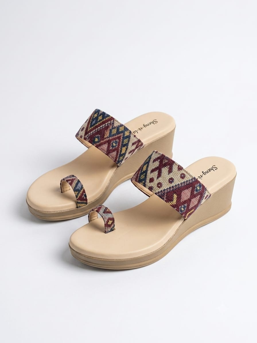 Shunya Trendy Cherry Wedges Sandals for Women | Ethnic Geometric Print Platform Wedge Heels | Stylish Daily Wear & Festive Party Wear Footwear for Women and Girls