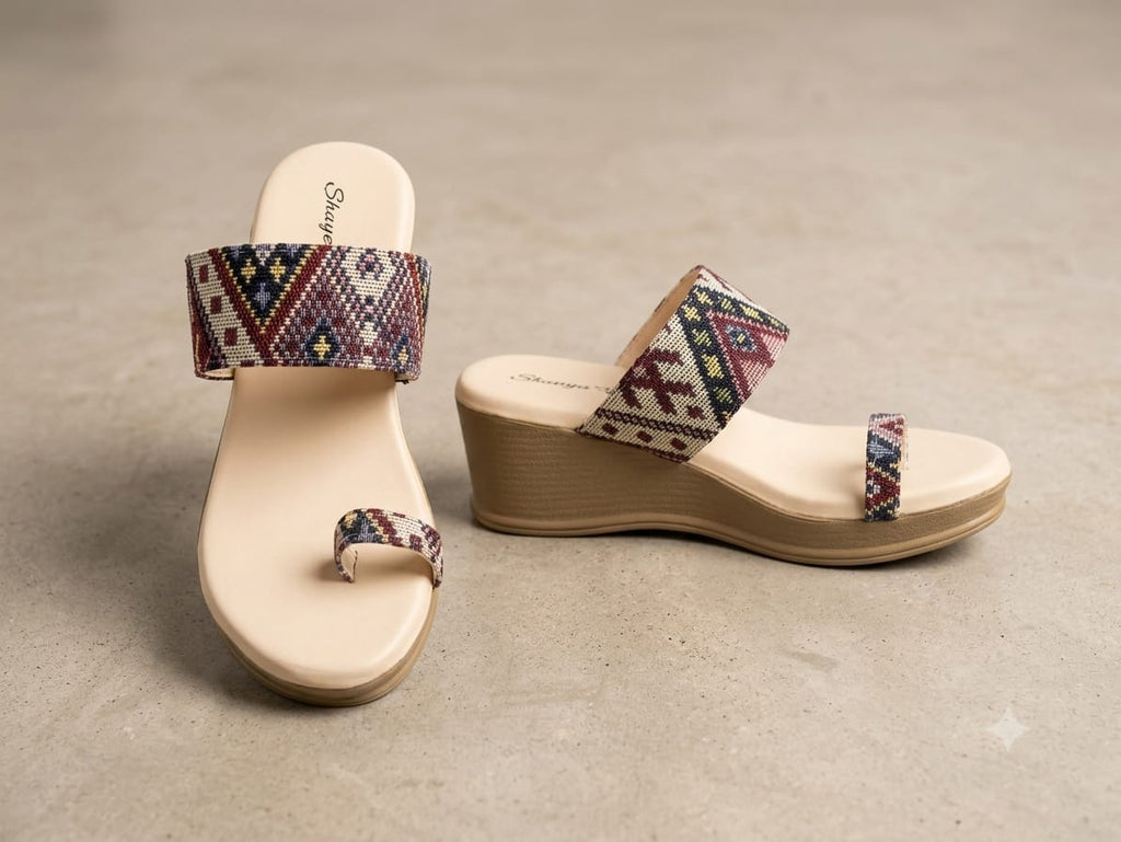 Shunya Trendy Cherry Wedges Sandals for Women | Ethnic Geometric Print Platform Wedge Heels | Stylish Daily Wear & Festive Party Wear Footwear for Women and Girls