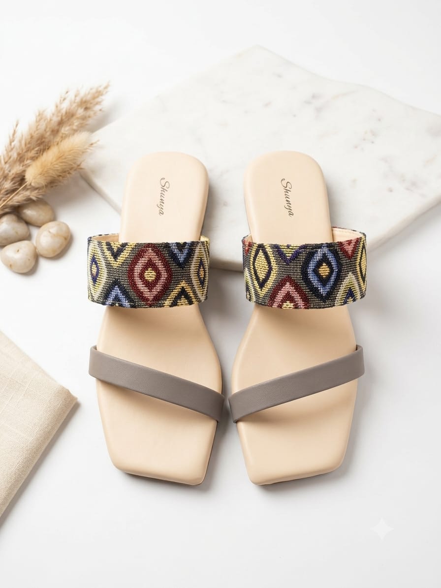Shunya Women's Grey & Multicolor Designer Flat Sandals | Comfortable Square Toe Daily Wear Sandals