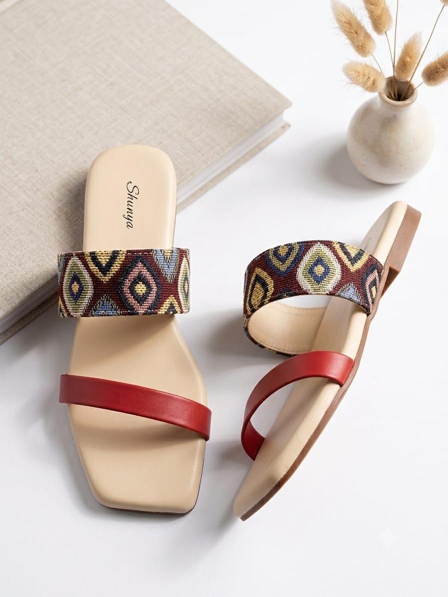 Shunya Women's Red & Multicolor Designer Flat Sandals | Comfortable Square Toe Daily Wear Sandals
