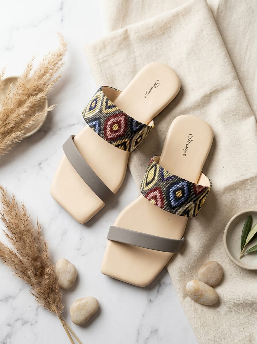 Shunya Women's Grey & Multicolor Designer Flat Sandals | Comfortable Square Toe Daily Wear Sandals
