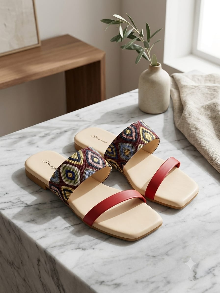 Shunya Women's Red & Multicolor Designer Flat Sandals | Comfortable Square Toe Daily Wear Sandals