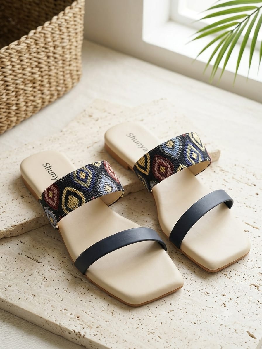 Shunya Women's Blue & Multicolor Designer Flat Sandals | Comfortable Square Toe Daily Wear Sandals