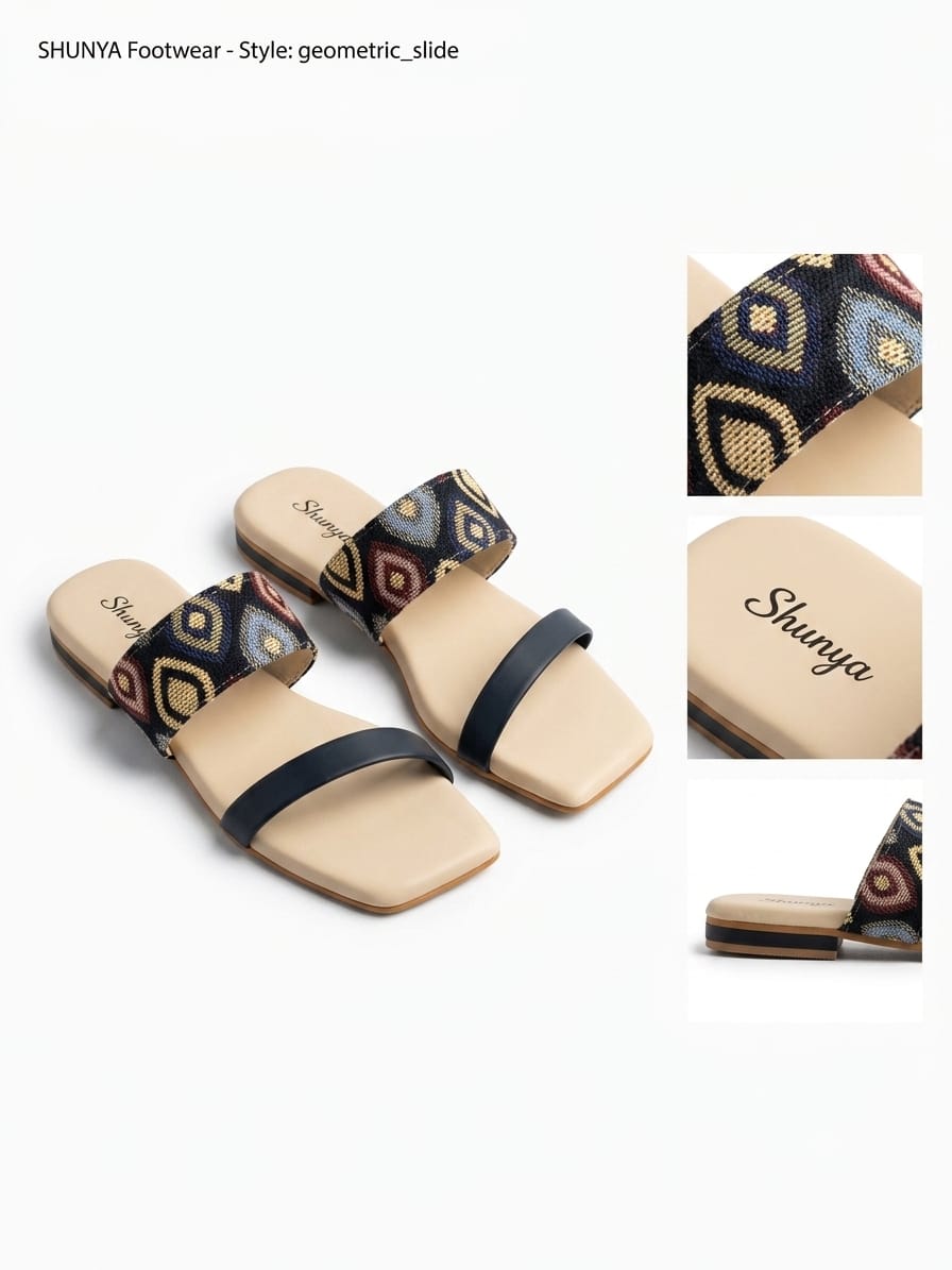 Shunya Women's Blue & Multicolor Designer Flat Sandals | Comfortable Square Toe Daily Wear Sandals