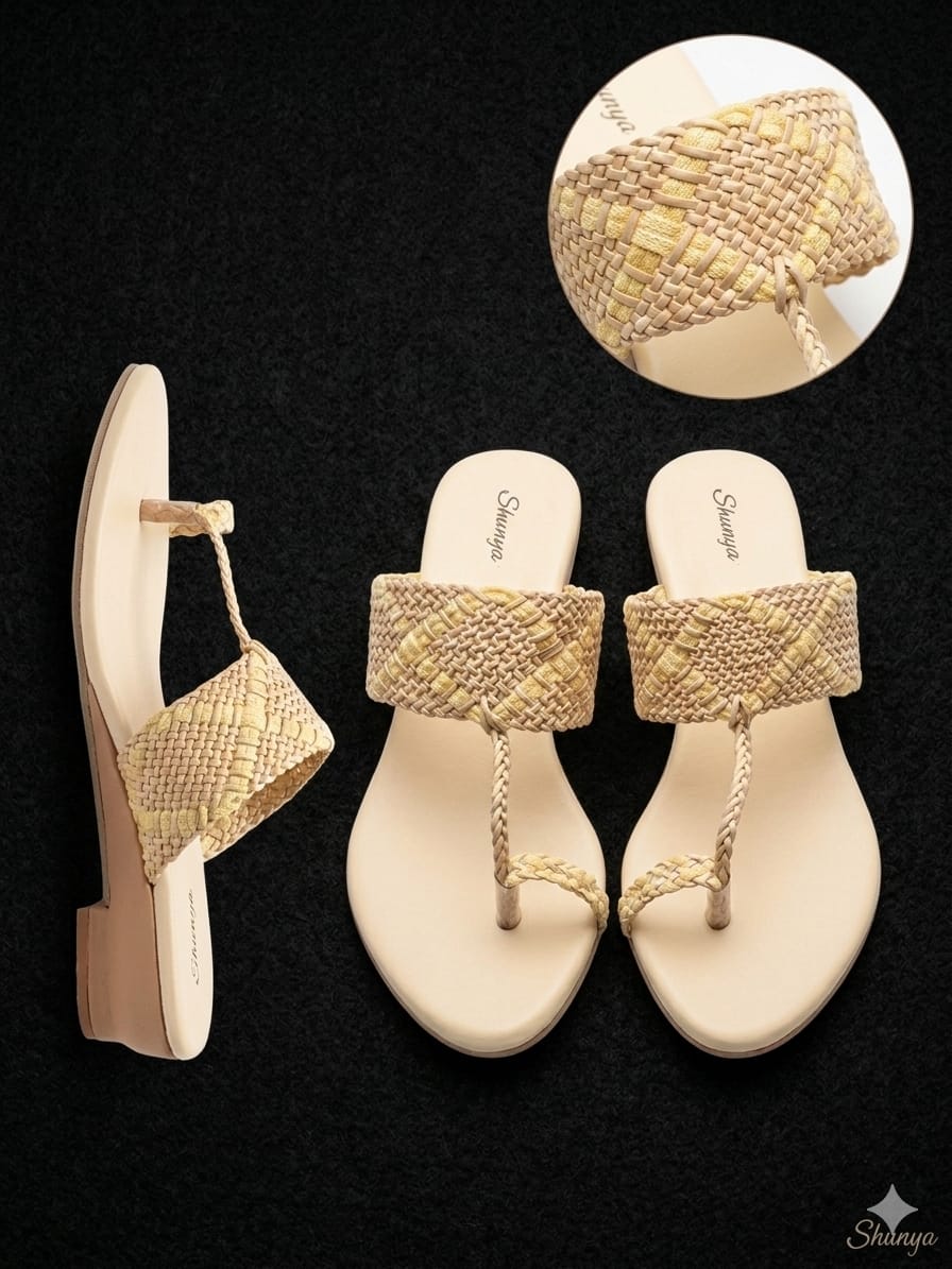Shunya Women Cream Woven Braided Flat Sandals | Elegant Dutch Heel One-Toe Footwear For Women & Girls