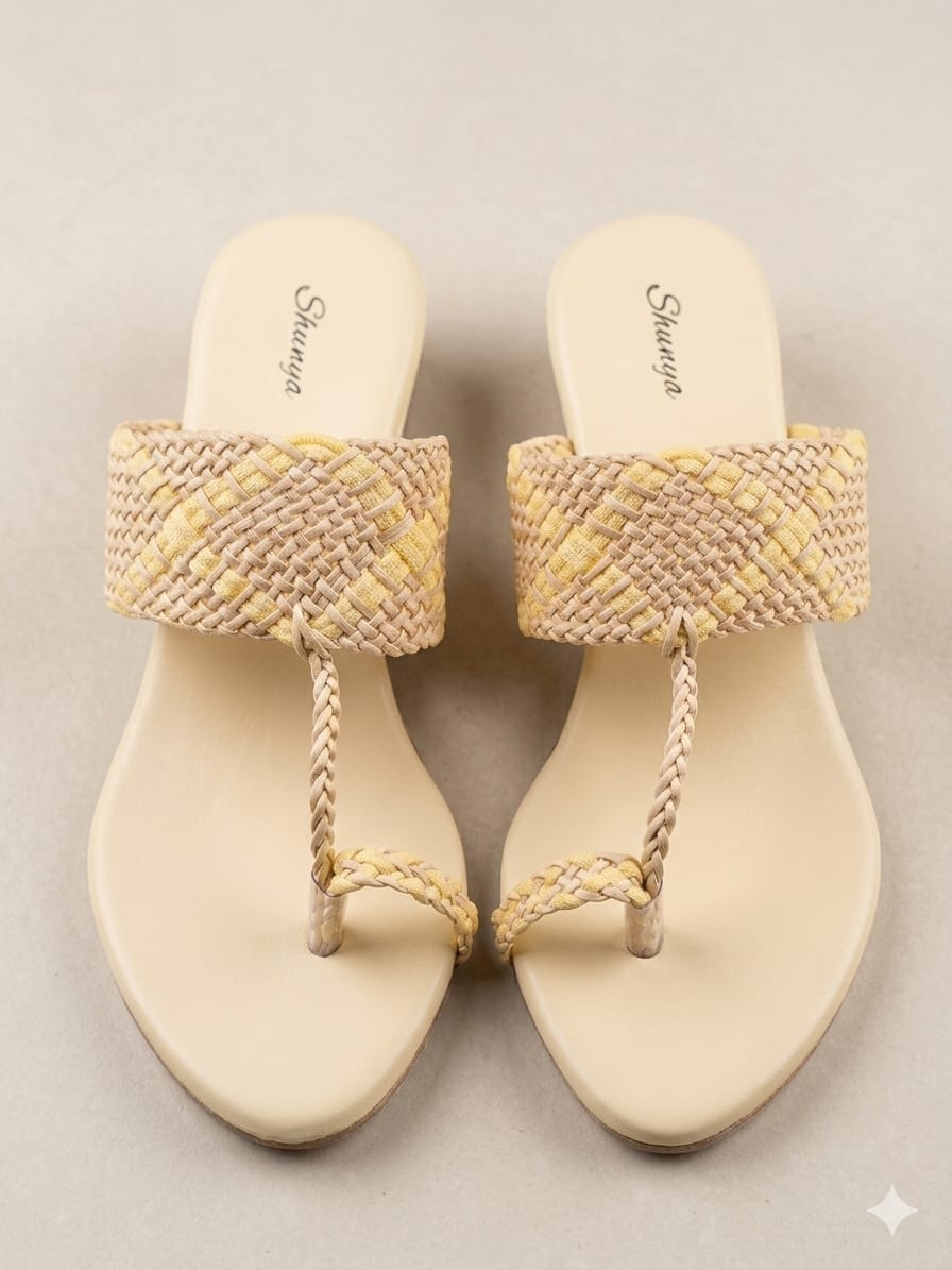 Shunya Women Cream Woven Braided Flat Sandals | Elegant Dutch Heel One-Toe Footwear For Women & Girls