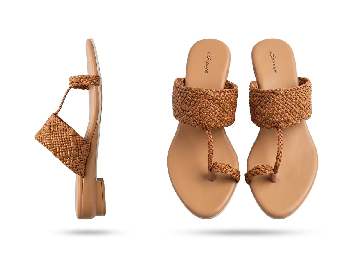 Shunya Women Tan Woven Braided Flat Sandals | Elegant Dutch Heel One-Toe Footwear For Women & Girls