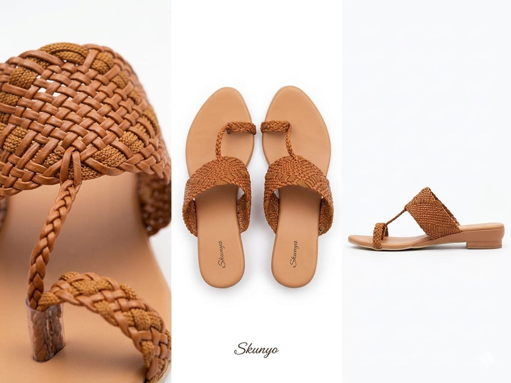 Shunya Women Tan Woven Braided Flat Sandals | Elegant Dutch Heel One-Toe Footwear For Women & Girls