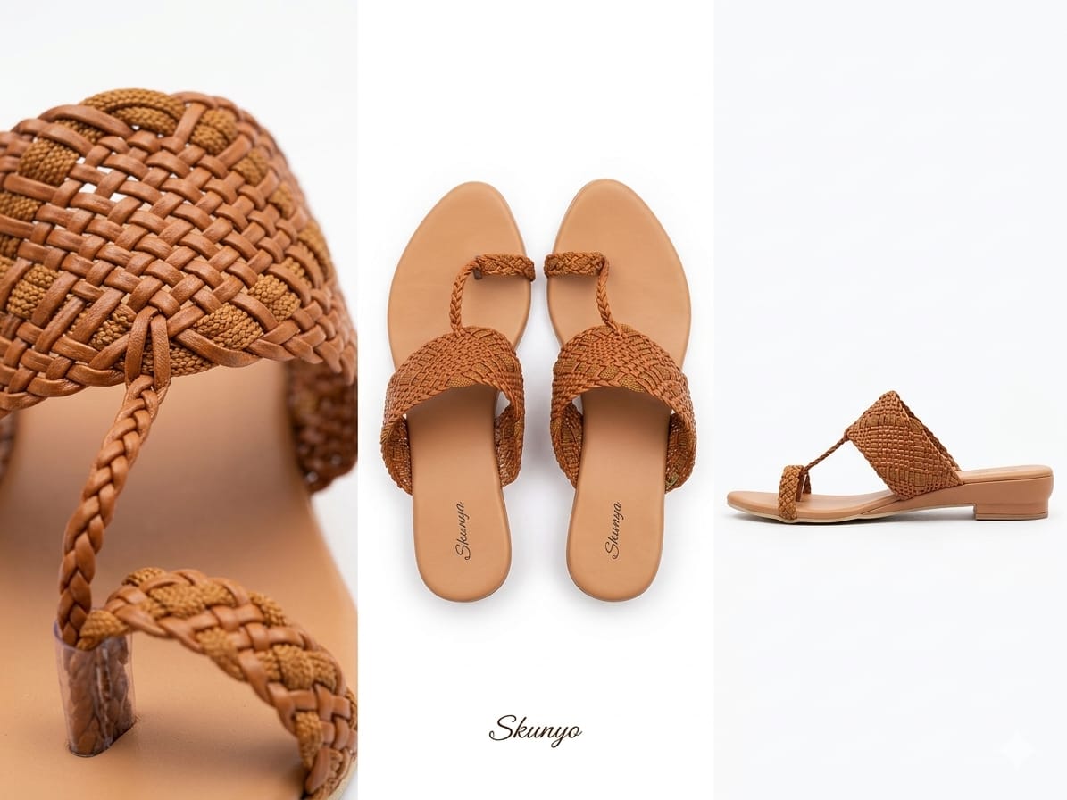 Shunya Women Tan Woven Braided Flat Sandals | Elegant Dutch Heel One-Toe Footwear For Women & Girls