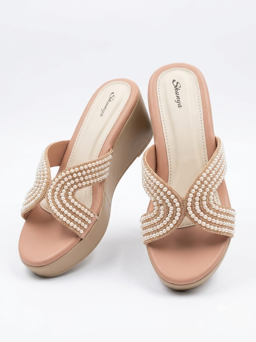 Shunya Women’s Peach & Cream Pearl-Embellished Wedge Sandals – Elegant Slip-On Festive Heels