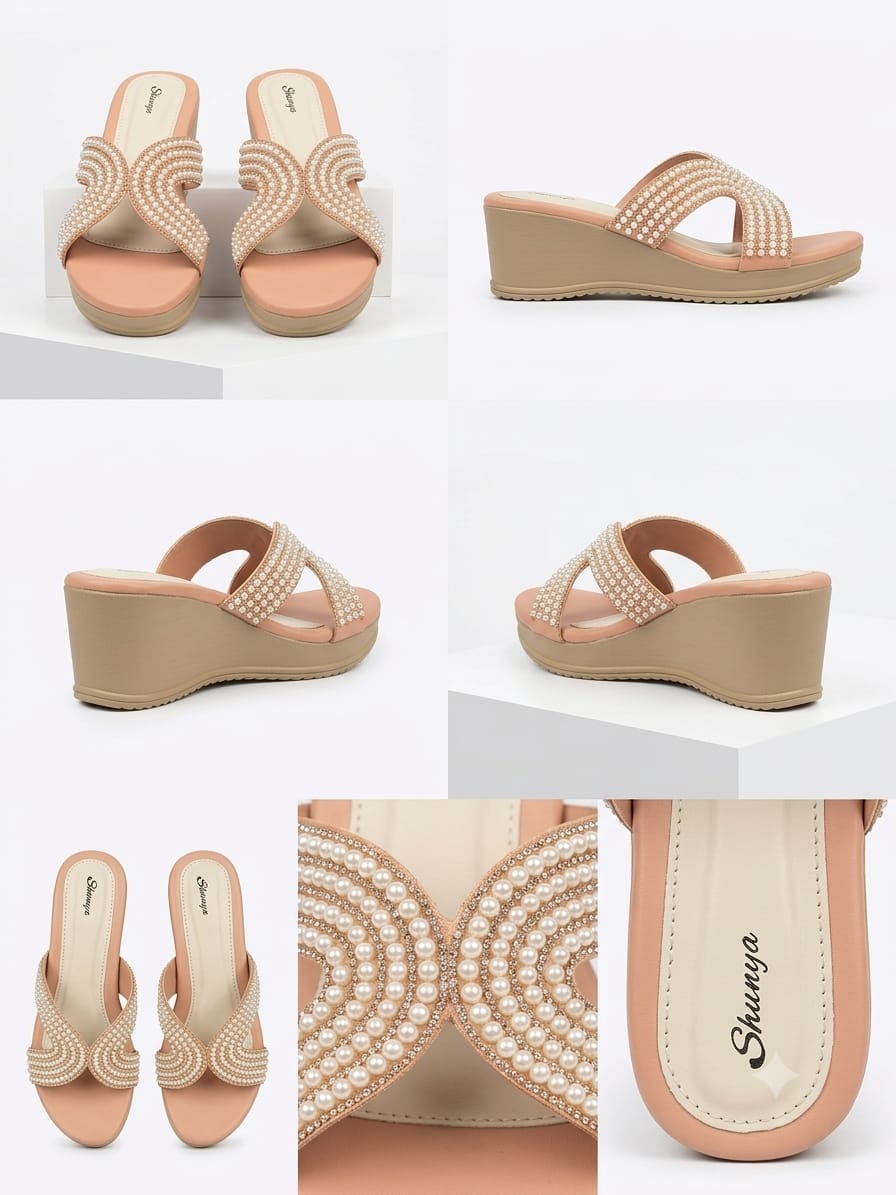 Shunya Women’s Peach & Cream Pearl-Embellished Wedge Sandals – Elegant Slip-On Festive Heels