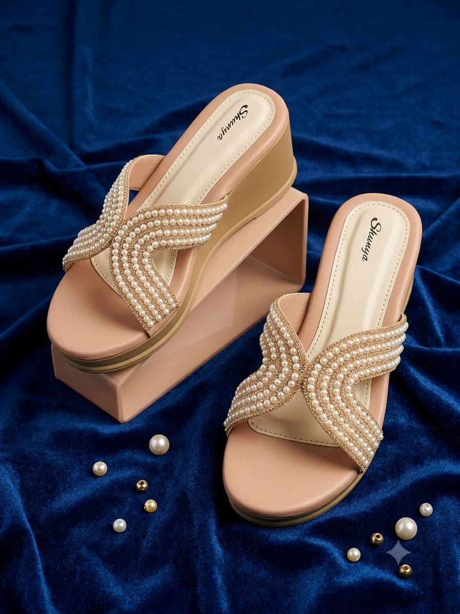 Shunya Women’s Peach & Cream Pearl-Embellished Wedge Sandals – Elegant Slip-On Festive Heels