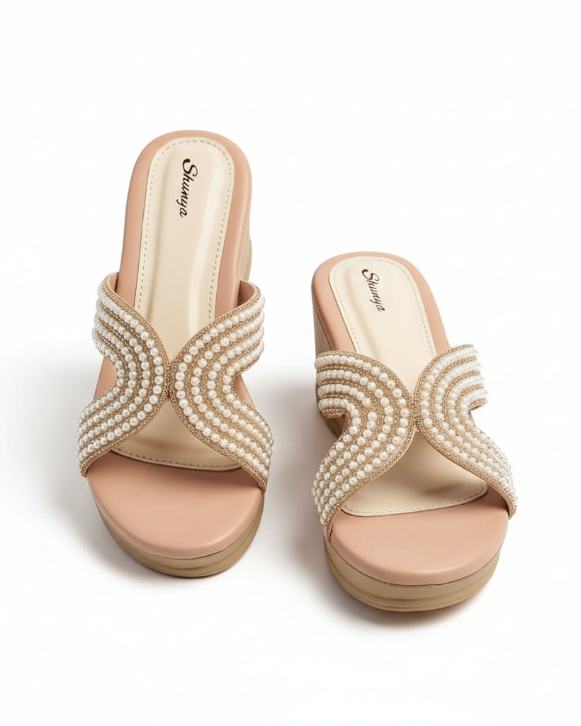 Shunya Women’s Peach & Cream Pearl-Embellished Wedge Sandals – Elegant Slip-On Festive Heels