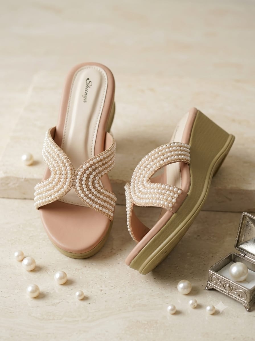 Shunya Women’s Peach & Cream Pearl-Embellished Wedge Sandals – Elegant Slip-On Festive Heels