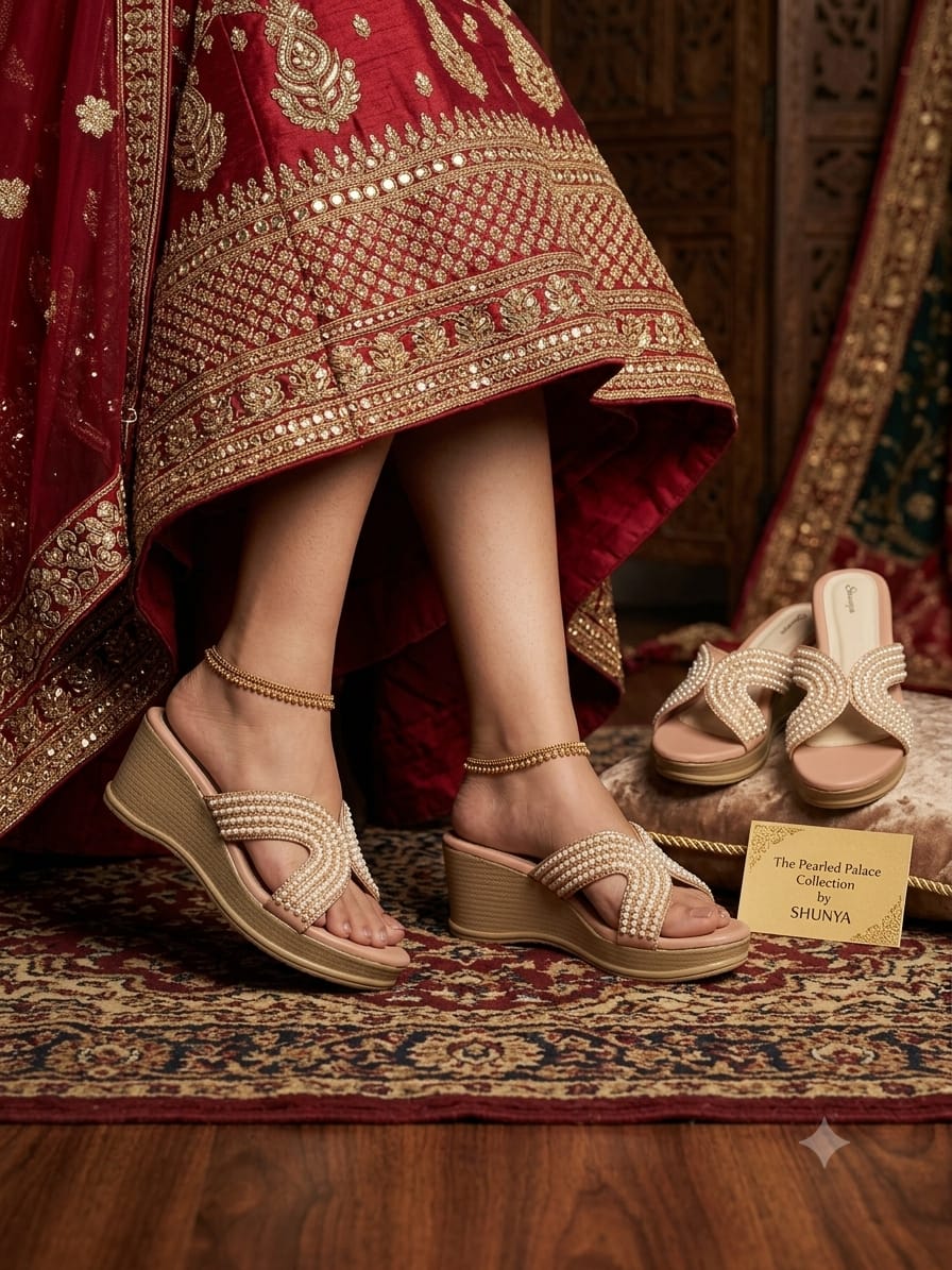 Shunya Women’s Peach & Cream Pearl-Embellished Wedge Sandals – Elegant Slip-On Festive Heels