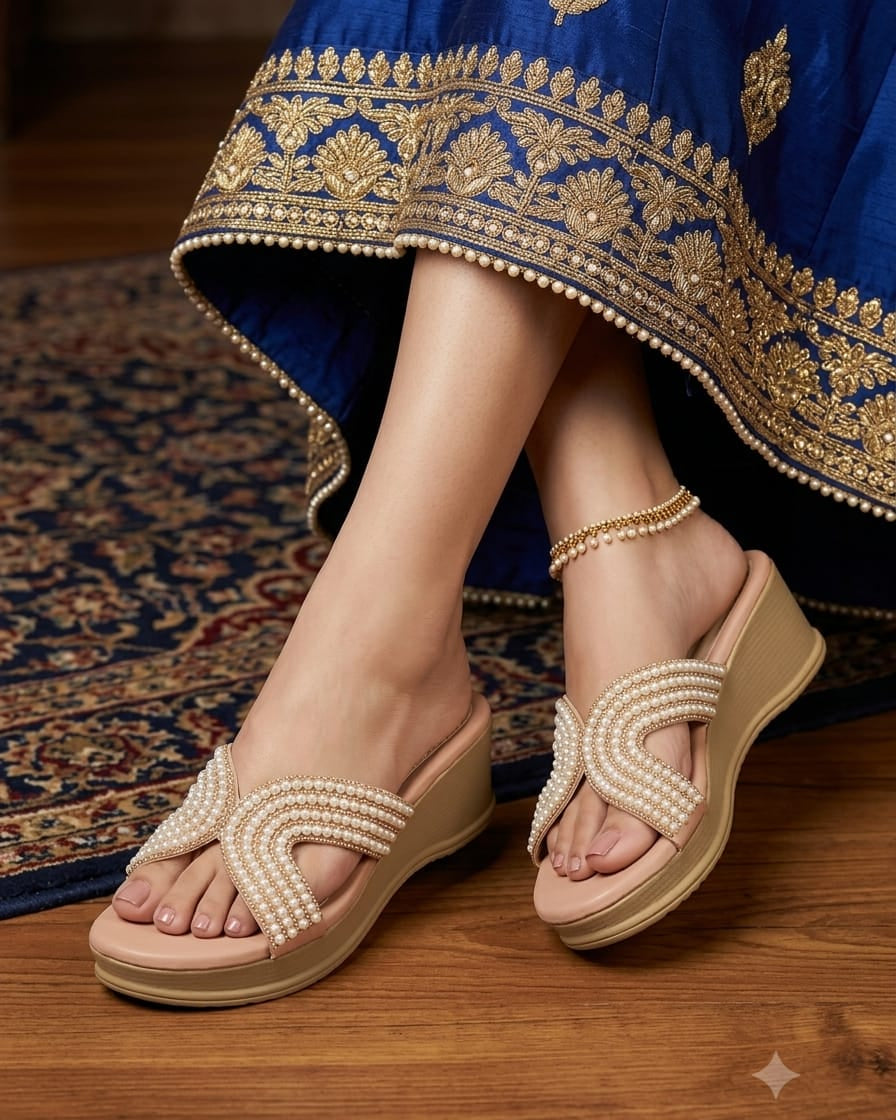 Shunya Women’s Peach & Cream Pearl-Embellished Wedge Sandals – Elegant Slip-On Festive Heels