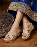 Shunya Women’s Peach & Cream Pearl-Embellished Wedge Sandals – Elegant Slip-On Festive Heels