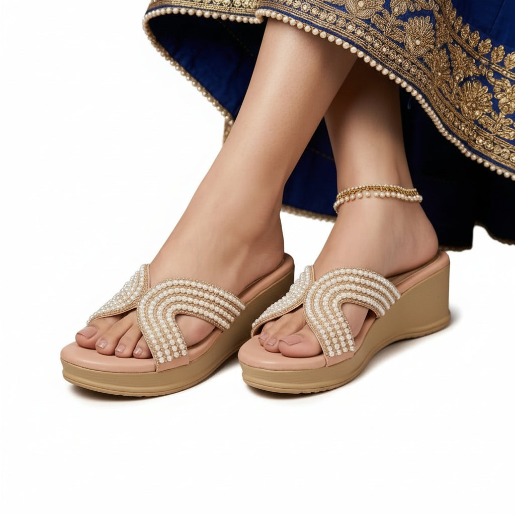 Shunya Women’s Peach & Cream Pearl-Embellished Wedge Sandals – Elegant Slip-On Festive Heels