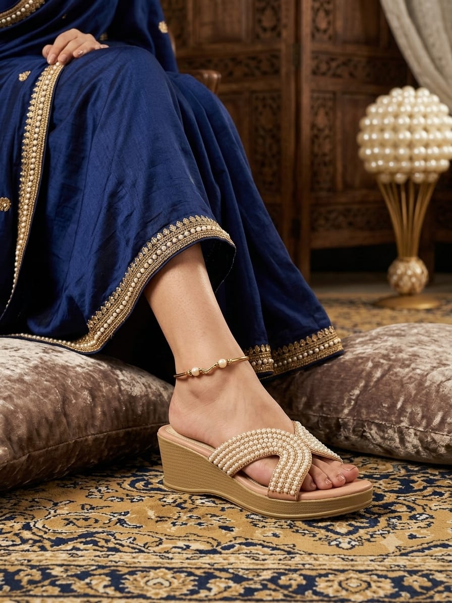 Shunya Women’s Peach & Cream Pearl-Embellished Wedge Sandals – Elegant Slip-On Festive Heels