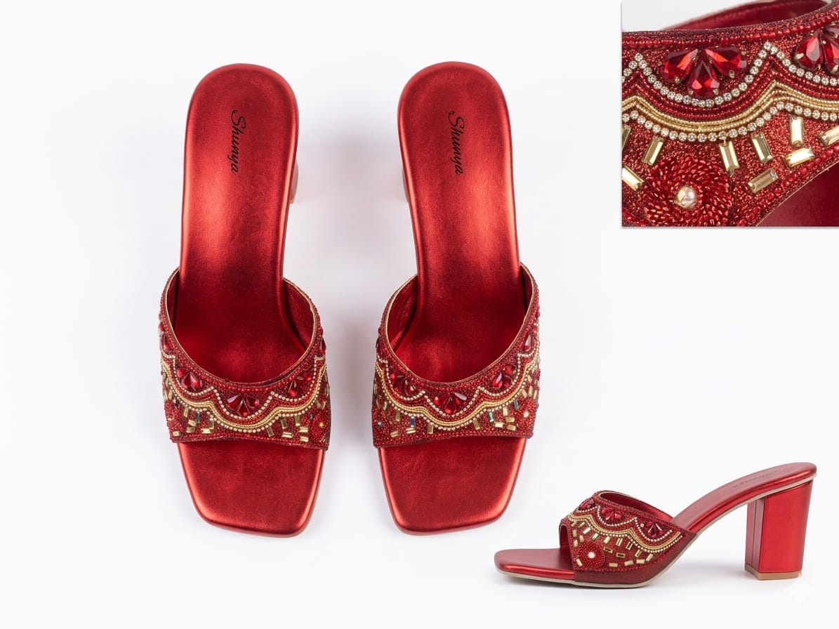 Shunya Women Red Embellished Ethnic Block Heel Sandals