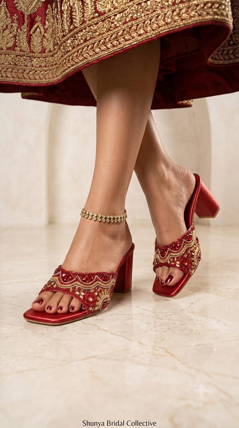 Shunya Women Red Embellished Ethnic Block Heel Sandals