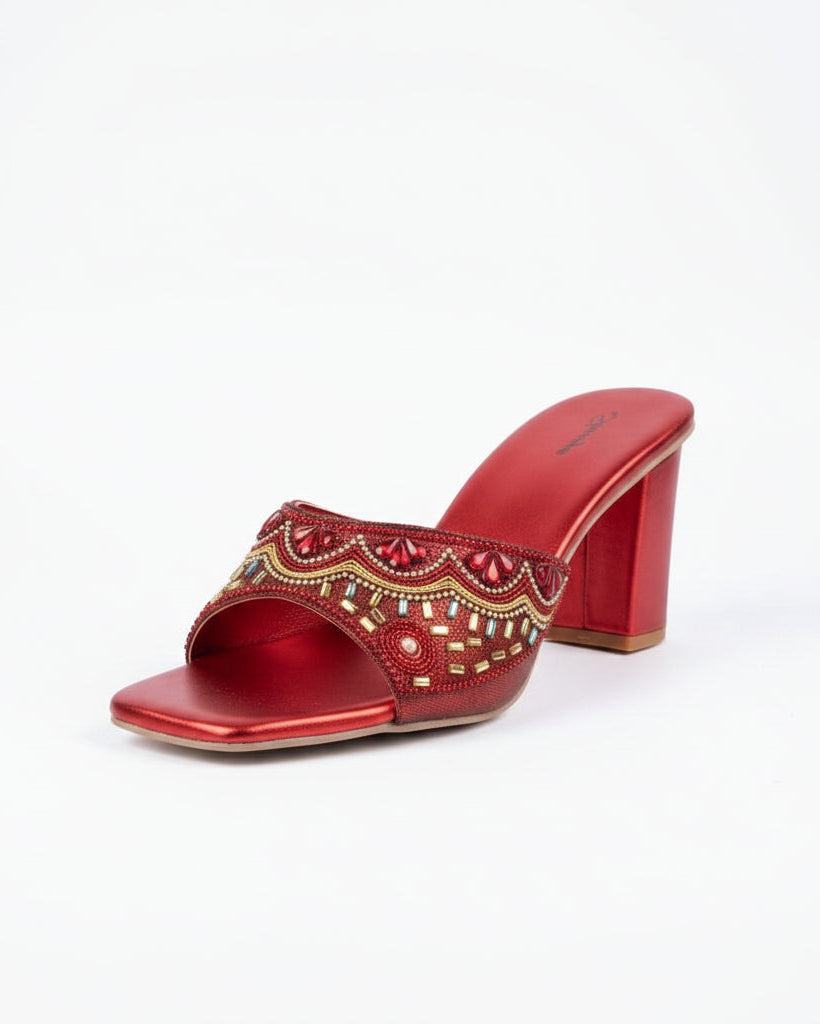 Shunya Women Red Embellished Ethnic Block Heel Sandals