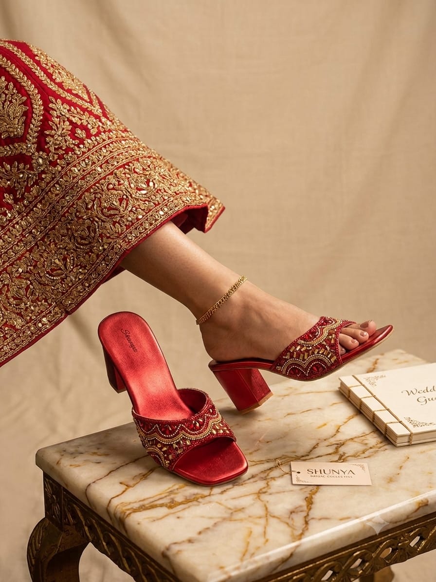 Shunya Women Red Embellished Ethnic Block Heel Sandals