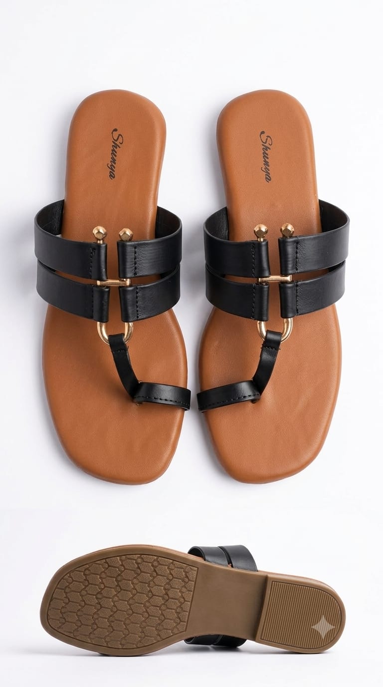 Stylish Black & Tan Toe-Ring Flat Sandals For Women | Daily Wear Comfort Daily Slippers & Fancy Sandals For Girls