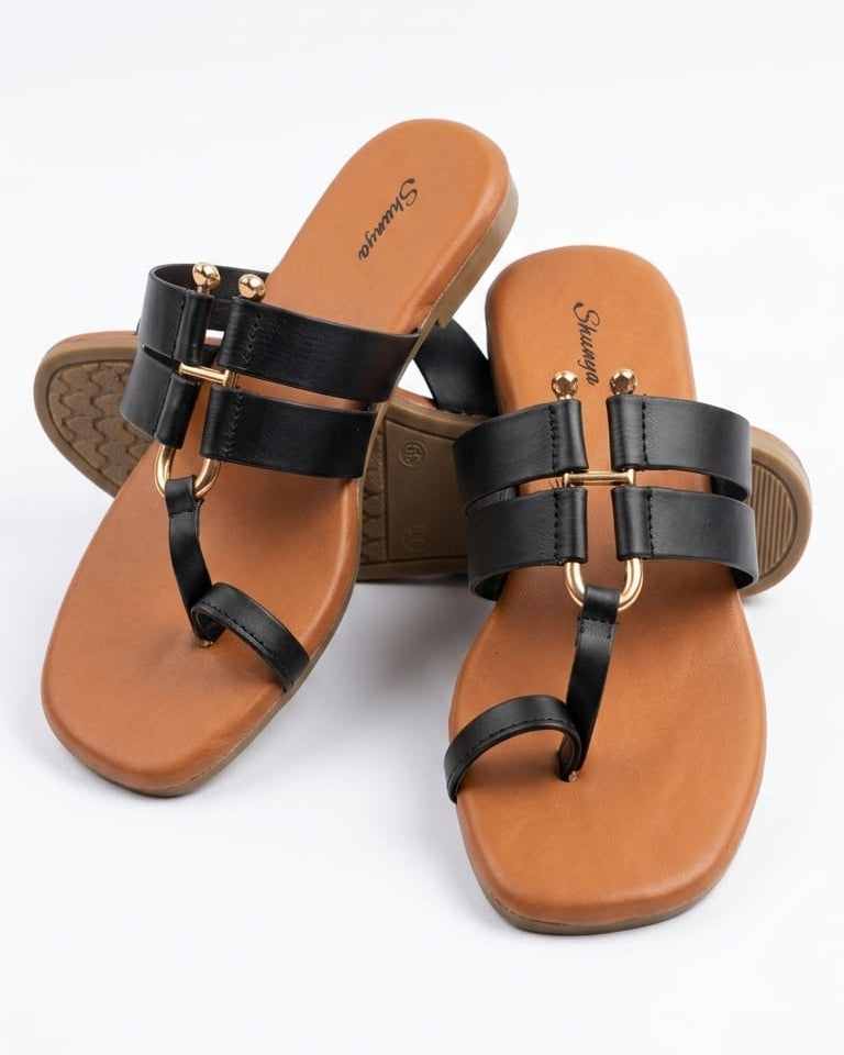 Stylish Black & Tan Toe-Ring Flat Sandals For Women | Daily Wear Comfort Daily Slippers & Fancy Sandals For Girls