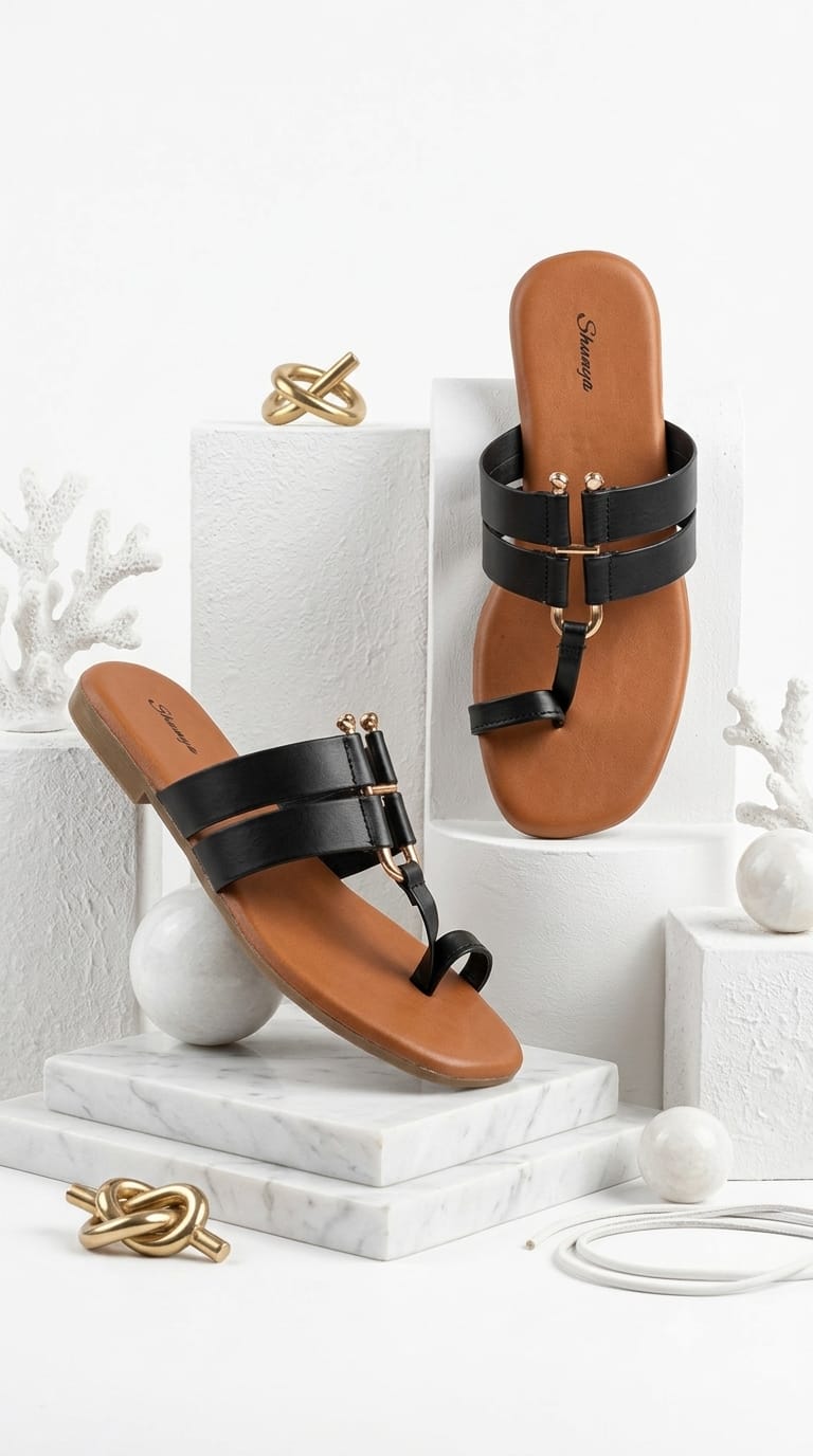 Stylish Black & Tan Toe-Ring Flat Sandals For Women | Daily Wear Comfort Daily Slippers & Fancy Sandals For Girls