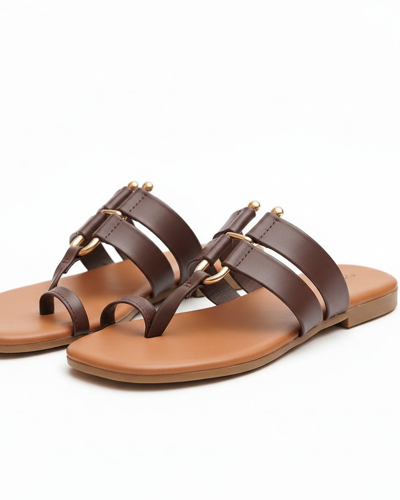 Stylish Brown & Tan Toe-Ring Flat Sandals For Women | Daily Wear Comfort Daily Slippers & Fancy Sandals For Girls