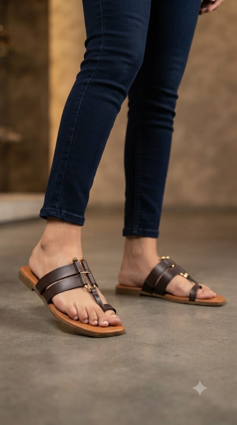 Stylish Brown & Tan Toe-Ring Flat Sandals For Women | Daily Wear Comfort Daily Slippers & Fancy Sandals For Girls