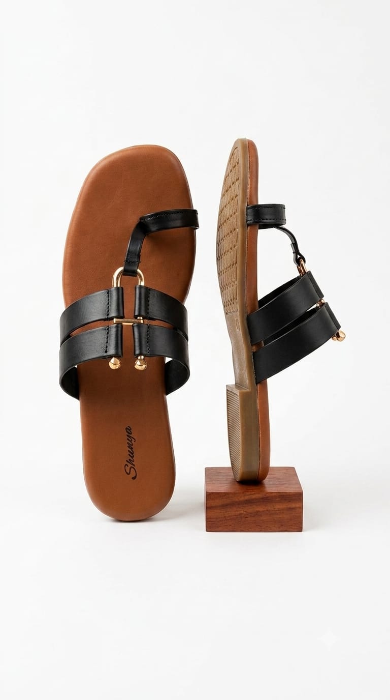 Stylish Black & Tan Toe-Ring Flat Sandals For Women | Daily Wear Comfort Daily Slippers & Fancy Sandals For Girls