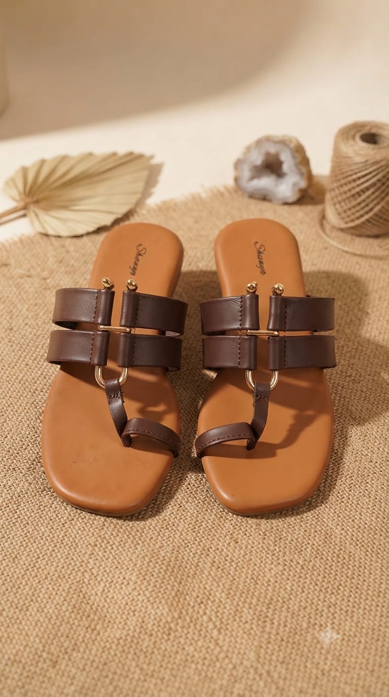 Stylish Brown & Tan Toe-Ring Flat Sandals For Women | Daily Wear Comfort Daily Slippers & Fancy Sandals For Girls