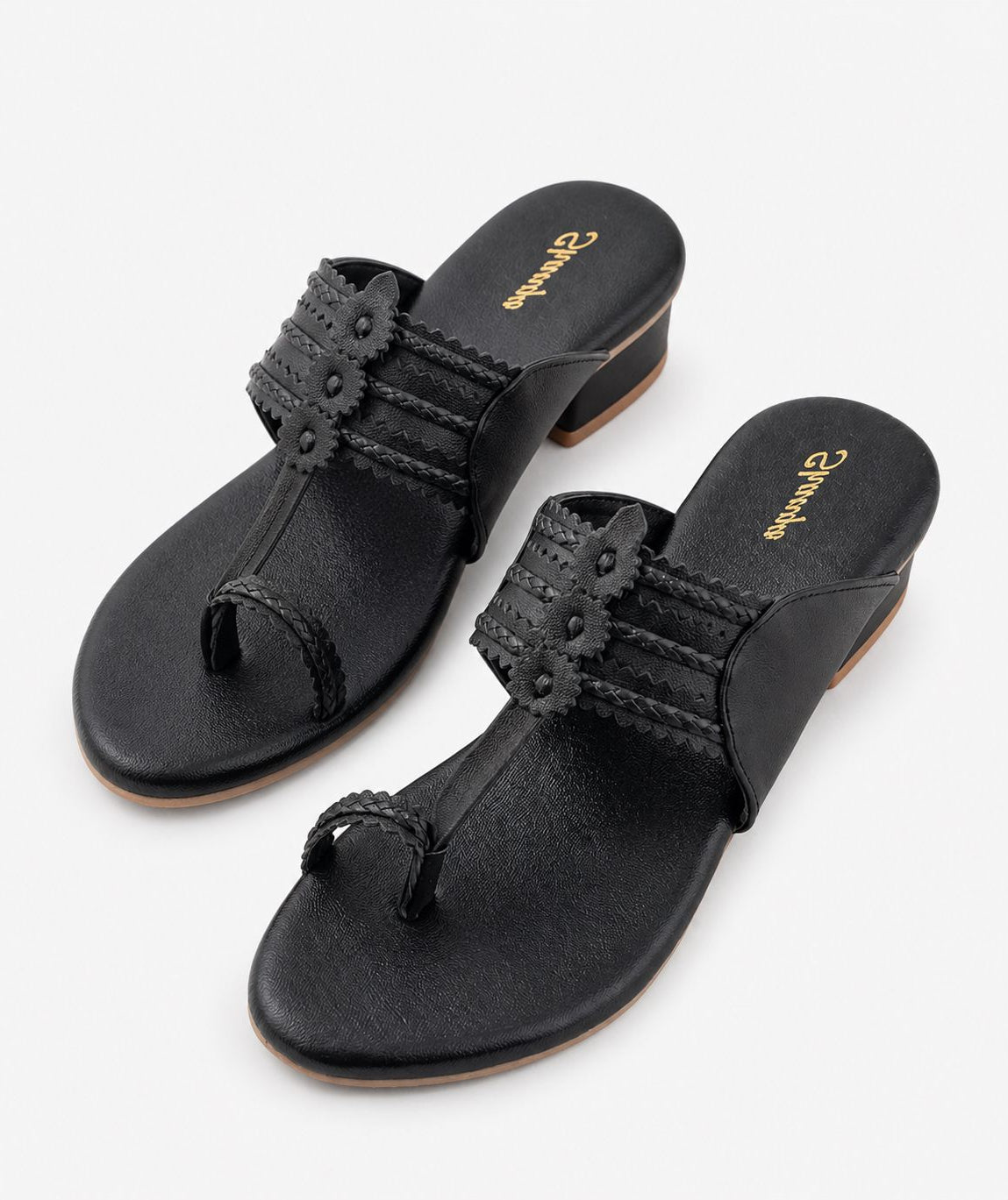 Shanya Women's Black Toe Ring Kolhapuri Block Heel Sandals for Women & Girls | Traditional Ethnic Slip-On Low Heels Footwear